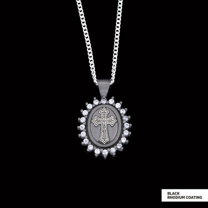 Stone Special Design Motif Cross Necklace, Gold Plated Silver Cross Christian Pendant, Rhodium Plated Stone Oval Silver Neckl
