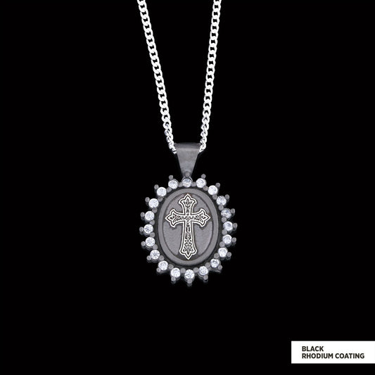 Stone Special Design Motif Cross Necklace, Gold Plated Silver Cross Christian Pendant, Rhodium Plated Stone Oval Silver Necklace Black Rhodium Coating