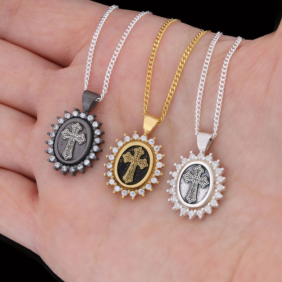 Stone Special Design Motif Cross Necklace, Gold Plated Silver Cross Christian Pendant, Rhodium Plated Stone Oval Silver Necklace Black Rhodium Coating