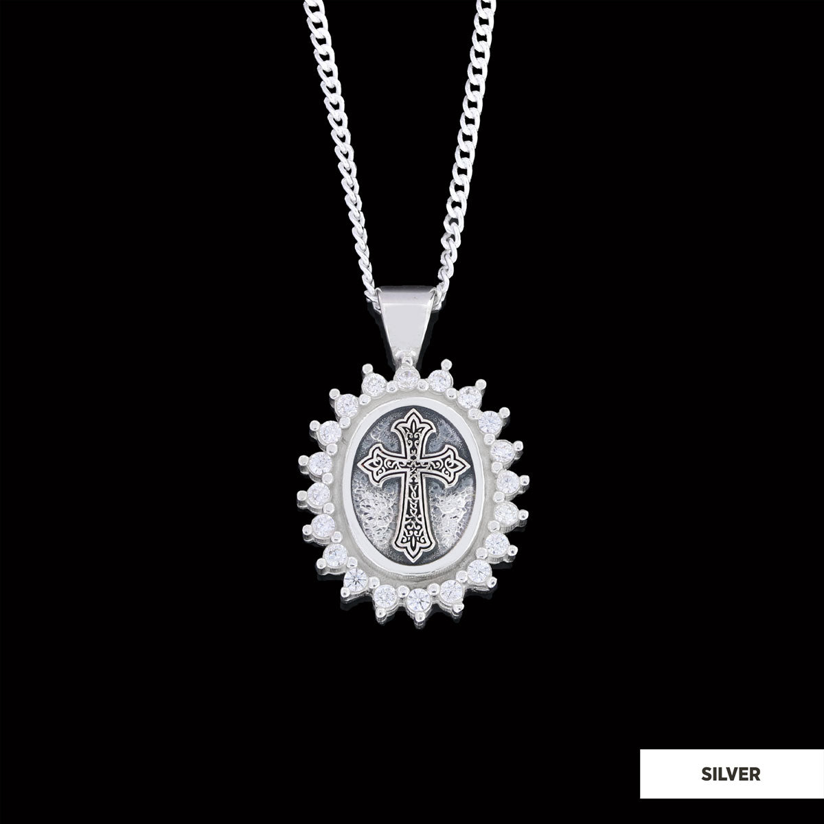Stone Special Design Motif Cross Necklace, Gold Plated Silver Cross Christian Pendant, Rhodium Plated Stone Oval Silver Necklace Silver