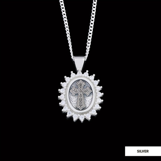 Stone Special Design Motif Cross Necklace, Gold Plated Silver Cross Christian Pendant, Rhodium Plated Stone Oval Silver Necklace Silver