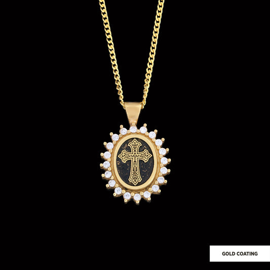 Stone Special Design Motif Cross Necklace, Gold Plated Silver Cross Christian Pendant, Rhodium Plated Stone Oval Silver Neckl