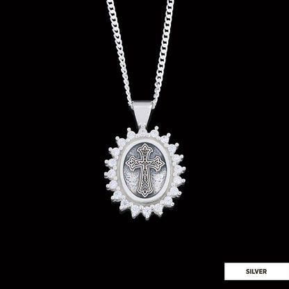 Stone Special Design Motif Cross Necklace, Gold Plated Silver Cross Christian Pendant, Rhodium Plated Stone Oval Silver Neckl