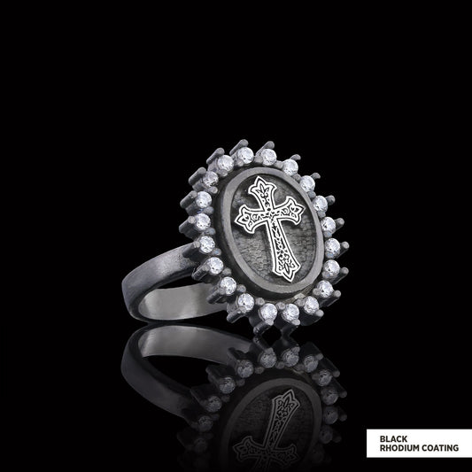 Stone Special Motif Ring, Gold Plated Silver Crusader Christian Ring, Rhodium Plated Stone Oval Silver Ring, Crusader Women's Jewelry Gift Black Rhodium Coating