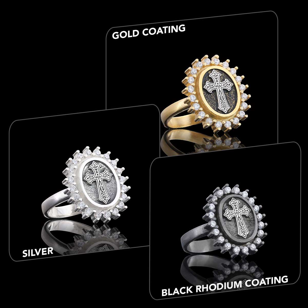Stone Special Motif Ring, Gold Plated Silver Crusader Christian Ring, Rhodium Plated Stone Oval Silver Ring, Crusader Women's Jewelry Gift Black Rhodium Coating
