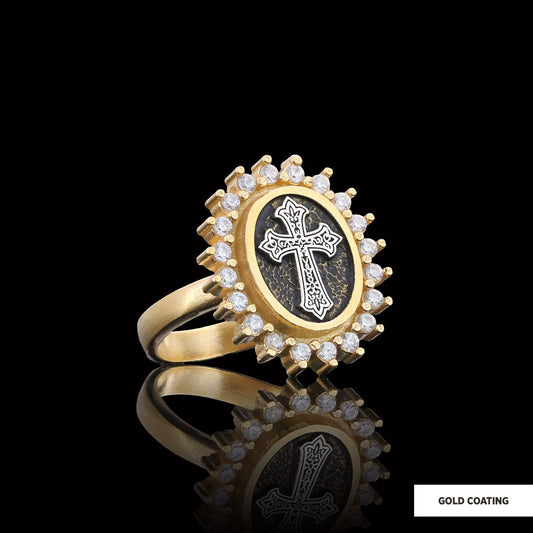 Stone Special Motif Ring, Gold Plated Silver Crusader Christian Ring, Rhodium Plated Stone Oval Silver Ring, Crusader Women's Jewelry Gift Gold Coating