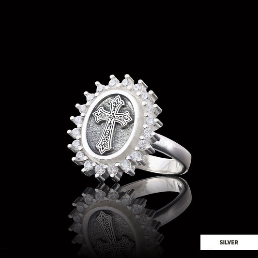 Stone Special Motif Ring, Gold Plated Silver Crusader Christian Ring, Rhodium Plated Stone Oval Silver Ring, Crusader Women's Jewelry Gift Silver