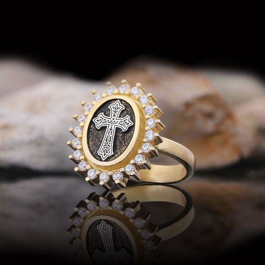 Stone Special Motif Ring, Gold Plated Silver Crusader Christian Ring, Rhodium Plated Stone Oval Silver Ring, Crusader Women's Jewelry Gift