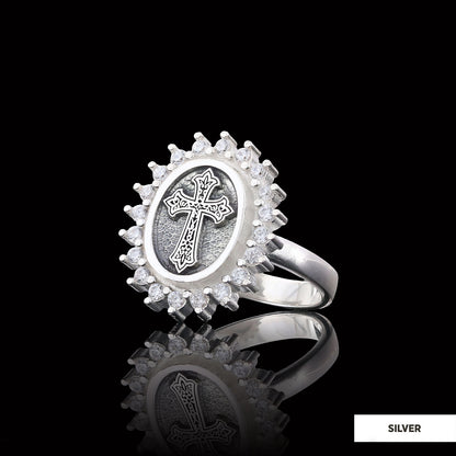 Stone Special Motif Ring, Gold Plated Silver Crusader Christian Ring, Rhodium Plated Stone Oval Silver Ring, Crusader Women's