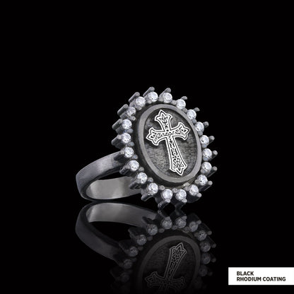 Stone Special Motif Ring, Gold Plated Silver Crusader Christian Ring, Rhodium Plated Stone Oval Silver Ring, Crusader Women's