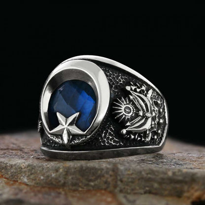 Stoned Ottoman Coat of Arms Ring with Crescent&Star by SWISS PLUS - Family Collection
