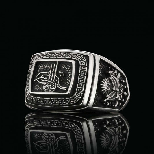 Stoneless Ottoman Tughra 925 Sterling Silver Ring Men by SWISS PLUS - Ottoman Jewelry Collection - view 2