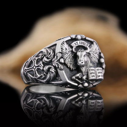 Taurus Of Saint Luke Apostle Evangelist Wings Signet Ring, 925 Sterling Silver Evangelist Winged Bull Symbol Ring, Christian 