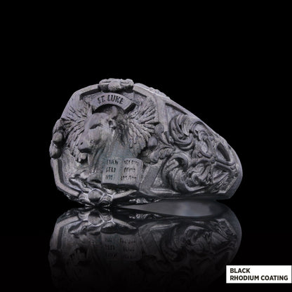 Taurus Of Saint Luke Apostle Evangelist Wings Signet Ring, 925 Sterling Silver Evangelist Winged Bull Symbol Ring, Christian 