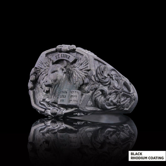 Taurus Of Saint Luke Apostle Evangelist Wings Signet Ring, 925 Sterling Silver Evangelist Winged Bull Symbol Ring, Christian 