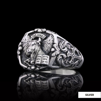 Taurus Of Saint Luke Apostle Evangelist Wings Signet Ring, 925 Sterling Silver Evangelist Winged Bull Symbol Ring, Christian 