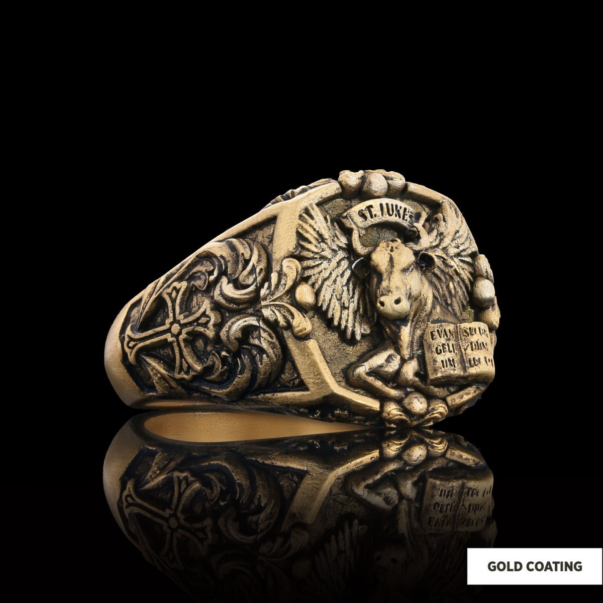 Taurus Of Saint Luke Apostle Evangelist Wings Signet Ring, 925 Sterling Silver Evangelist Winged Bull Symbol Ring, Christian Ring - view 4