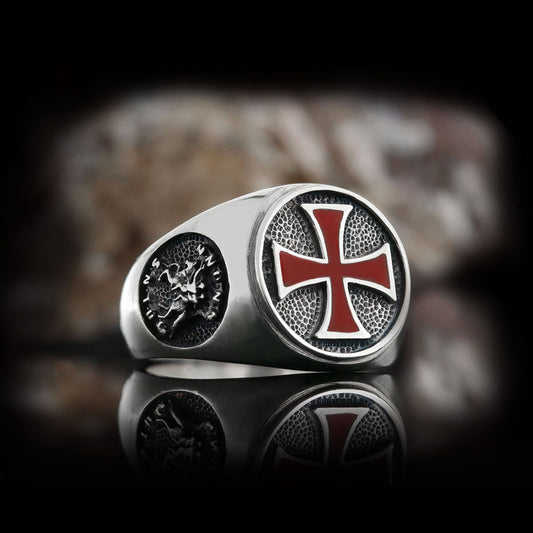 Templar Cross Masonic Ring, Round Signet Mason Ring - view 1