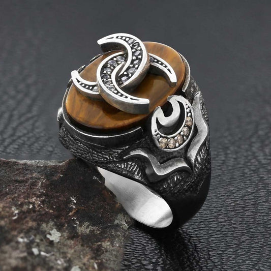 Tiger Eye Stone 925 Sterling Silver Mens Ring - view 1