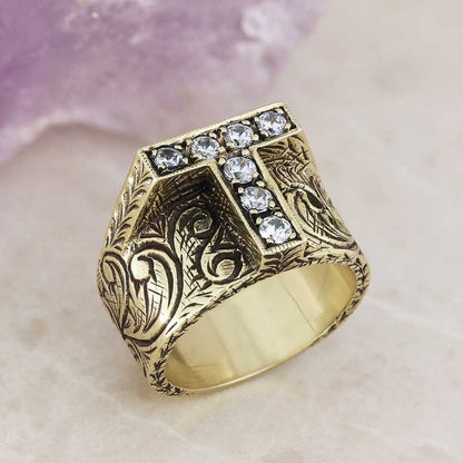Unique Design Handmade Monogram T Bold Alphabet Ring by SWISS PLUS - Letter Collection