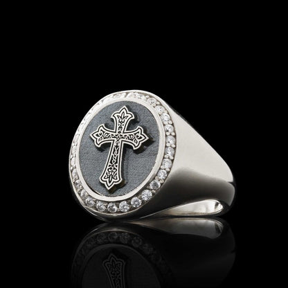Unique Design Oval Sterling Silver Christian Cross Women Ring by SWISS PLUS - Christian Collection - view 3