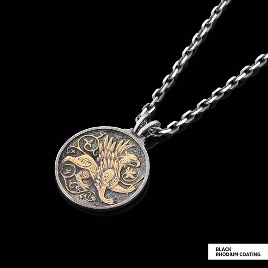 Unique Design Round Gryphon Pendant Black Rhodium Coating-Chain