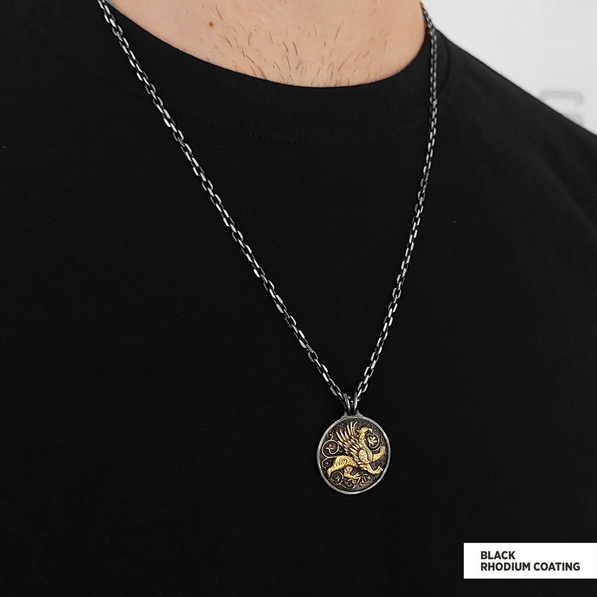 Unique Design Round Gryphon Pendant Black Rhodium Coating-Chain by SWISS PLUS - Jewish Collection - view 2