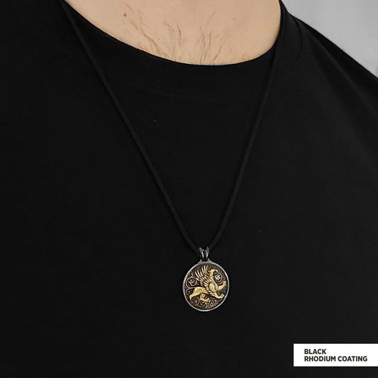 Unique Design Round Gryphon Pendant Black Rhodium Coating-Cord
