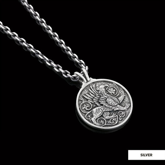 Unique Design Round Gryphon Pendant Silver-Chain