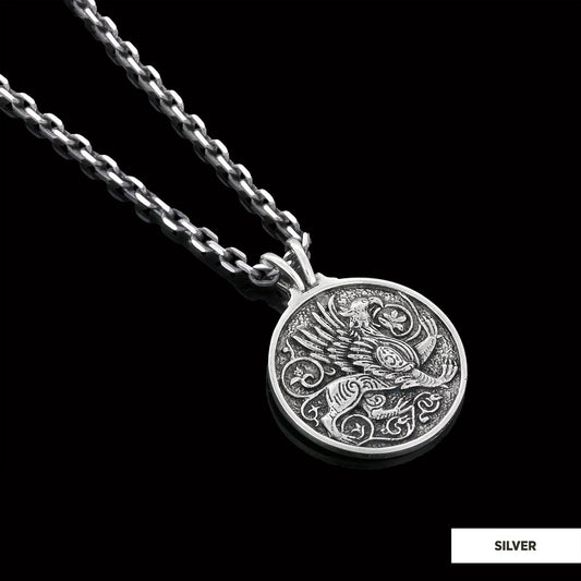 Unique Design Round Gryphon Pendant Silver-Chain