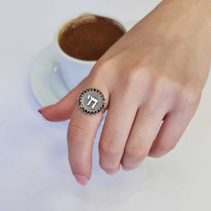 Unique Design Round Stone Chai Jewish Sterling Silver Women Ring by SWISS PLUS - Jewish Collection - view 7