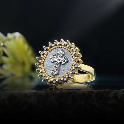 Unique Design Round Stone White and Black Christian Cross Women Ring by SWISS PLUS - Christian Collection
