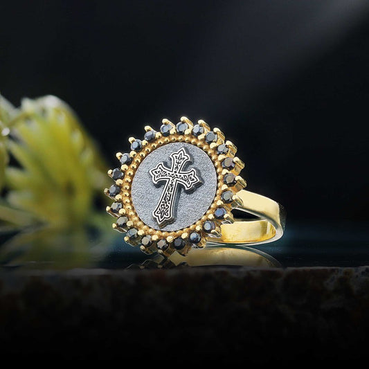 Unique Design Round Stone White and Black Christian Cross Women Ring
