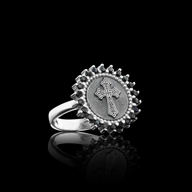 Unique Design Round Stone White and Black Christian Cross Women Ring by SWISS PLUS - Christian Collection - view 2