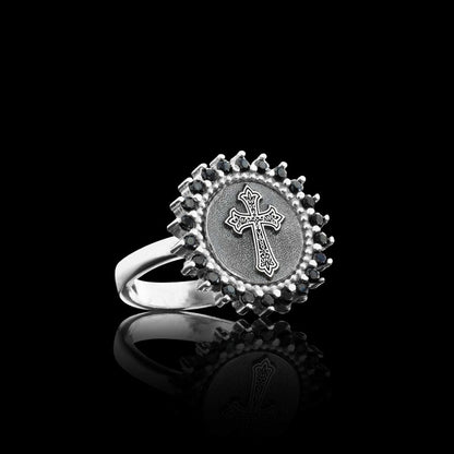 Unique Design Round Stone White and Black Christian Cross Women Ring by SWISS PLUS - Christian Collection - view 2