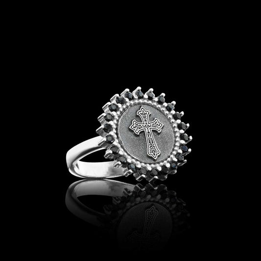 Unique Design Round Stone White and Black Christian Cross Women Ring by SWISS PLUS - Christian Collection - view 2