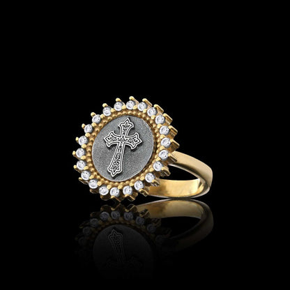 Unique Design Round Stone White and Black Christian Cross Women Ring by SWISS PLUS - Christian Collection - view 3