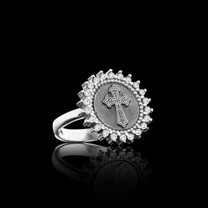 Unique Design Round Stone White and Black Christian Cross Women Ring by SWISS PLUS - Christian Collection - view 4