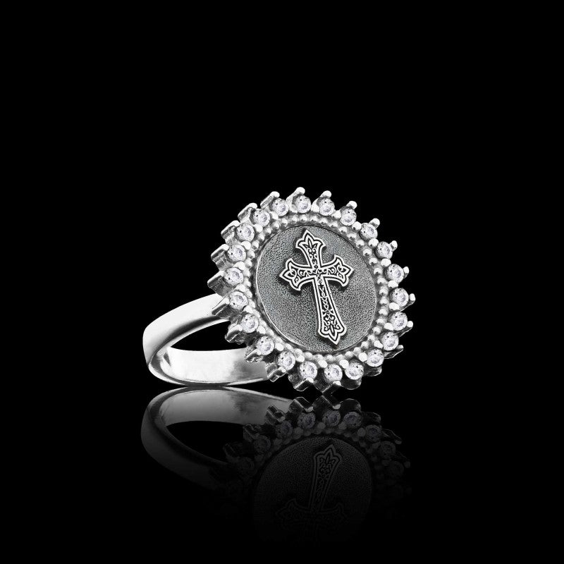 Unique Design Round Stone White and Black Christian Cross Women Ring