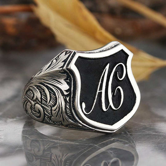 Unique Design Silver Motif A - C Letter Monogram Ring - view 1