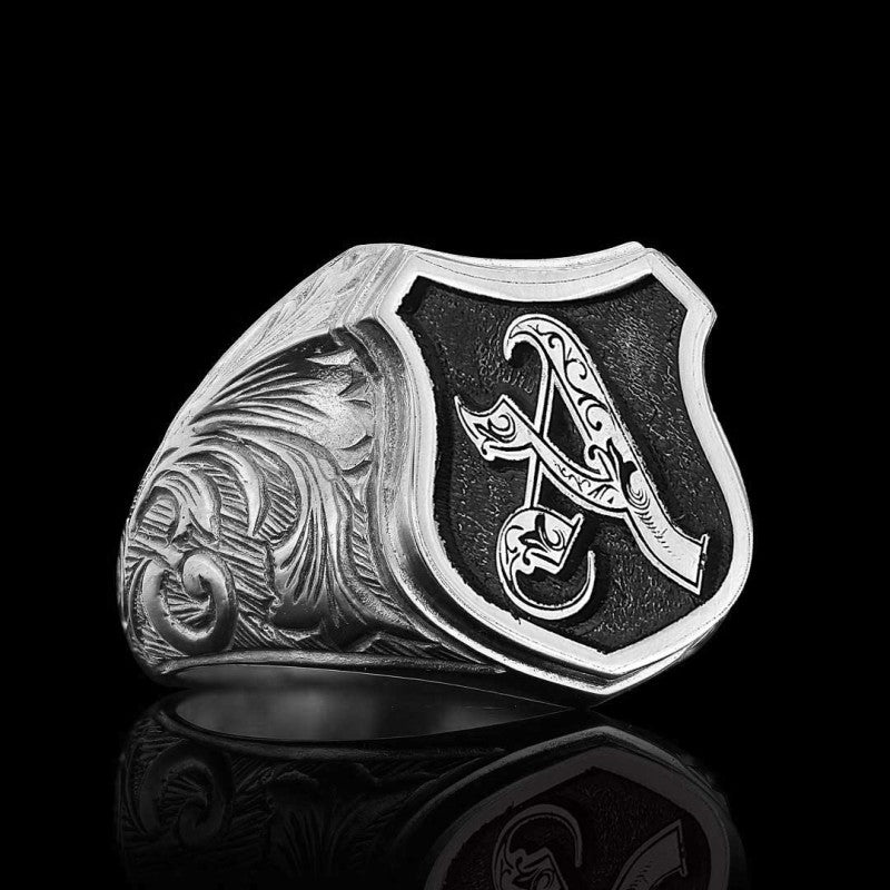 Unique Design Silver Motif A Letter Monogram Ring - view 4