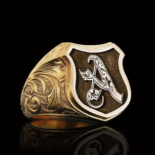 Unique Design Silver Motif A Letter Monogram Ring - view 2