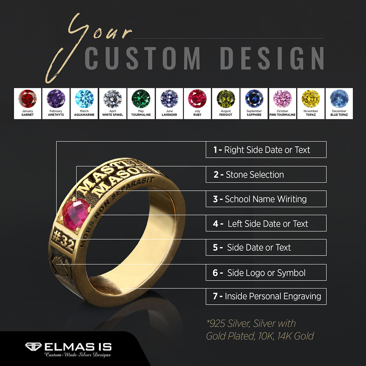 Unique Design Sterling Silver Master Mason Class Band Ring