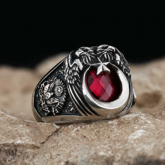 Unique Double Head Eagle Stoned Ring with Tughra