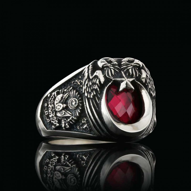 Unique Double Head Eagle Stoned Ring with Tughra - view 3