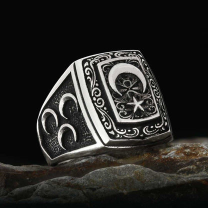 Unique Howling Wolf with Crescent&Star Motif Ottoman Ring by SWISS PLUS - Ottoman Jewelry Collection