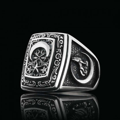 Unique Howling Wolf with Crescent&Star Motif Ottoman Ring by SWISS PLUS - Ottoman Jewelry Collection - view 2