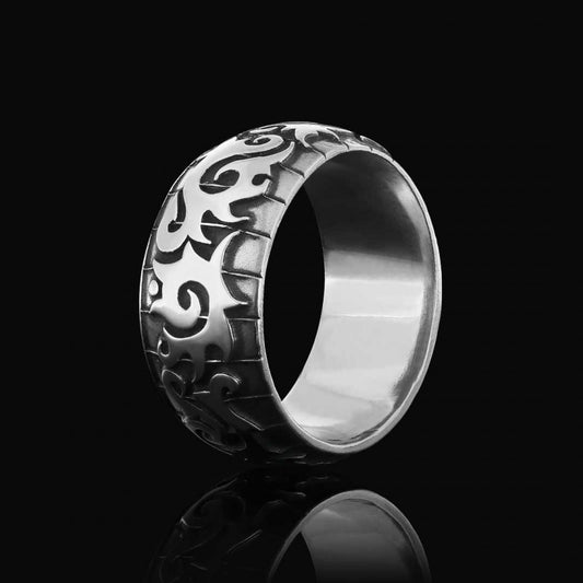 Classical Motif Embroidered Silver Wedding Ring