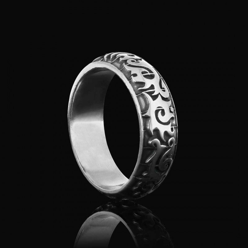 Classical Motif Embroidered Silver Wedding Ring