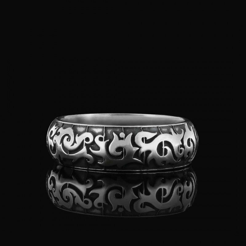 Classical Motif Embroidered Silver Wedding Ring